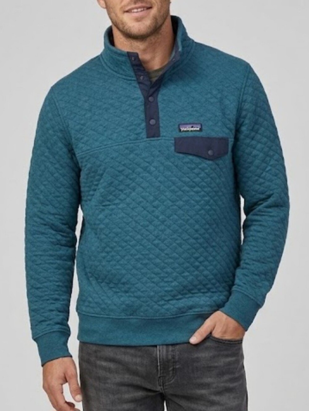 Patagonia Men's Teal Quilted Organic Worm Wear Cotton Sweater Quality Large
